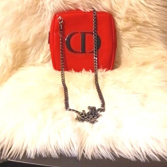 DIOR Crossbody RED w Chic Black Gunmetal Shoulder Chain converted CD Cosm. bag - Picture 12 of 16